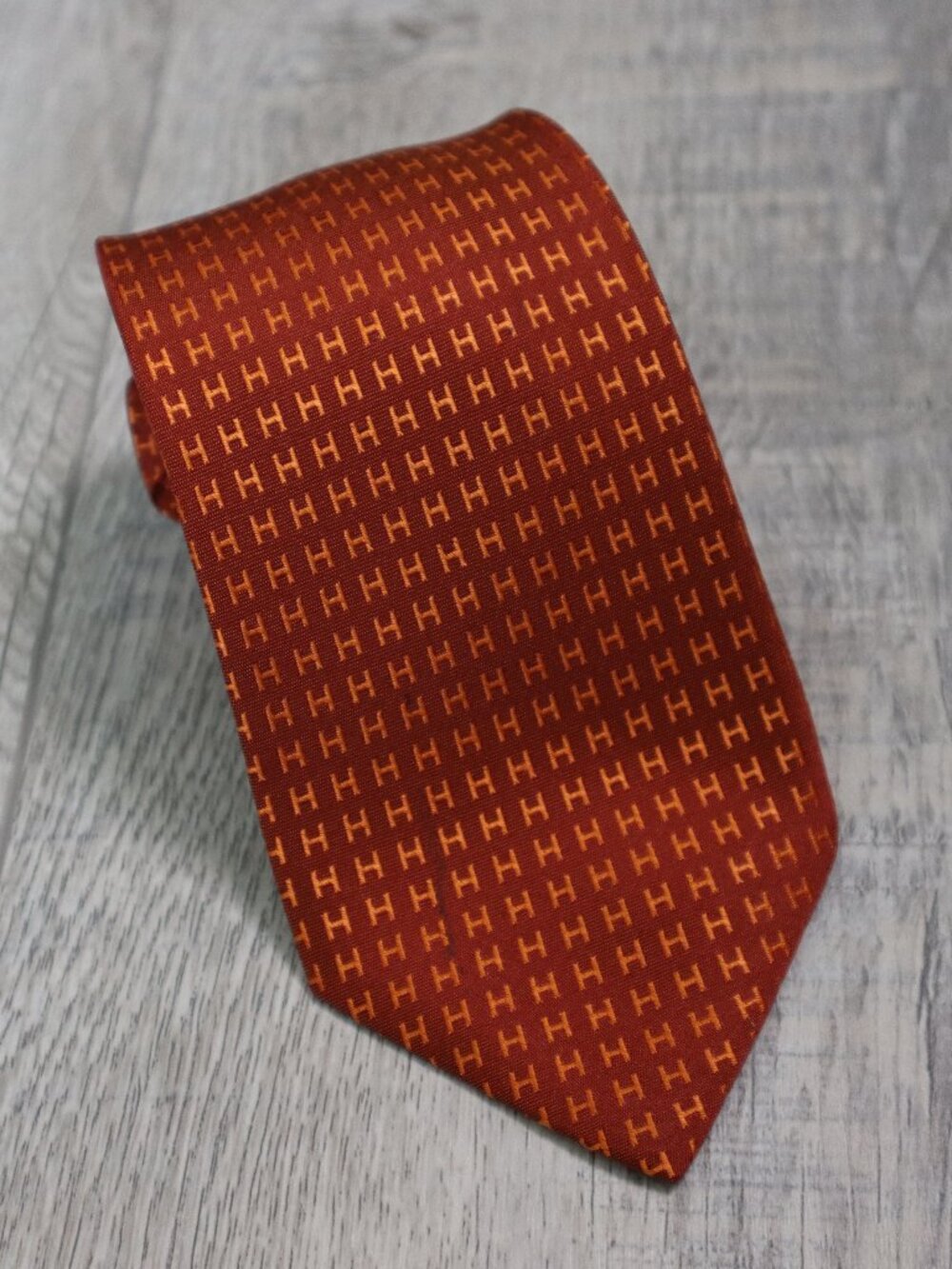 Hermès Paris Orange H Monogram Silk Tie - Flawed